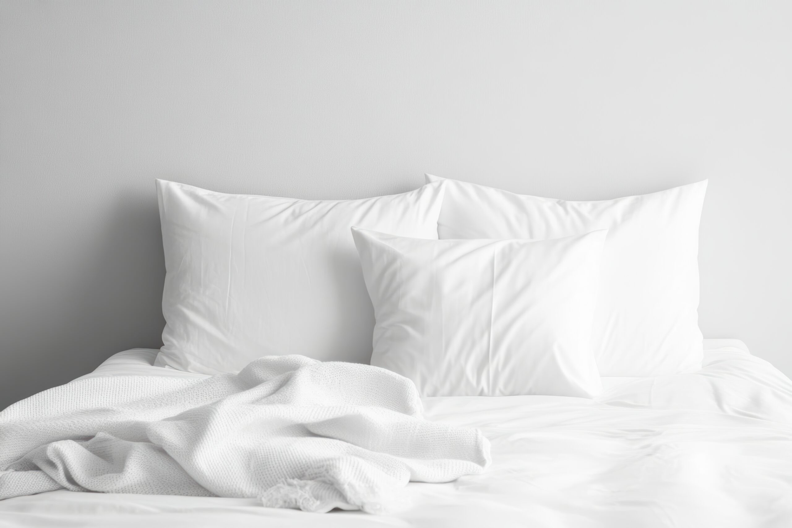Lit blanc douillet avec oreillers et couverture dans une chambre minimaliste